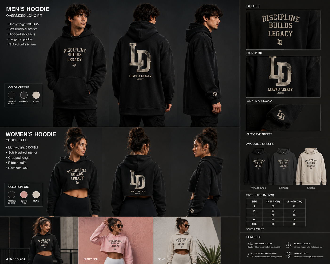 LD Men's Hoodie lookbook - Vintage Black, Graphite, Oatmeal