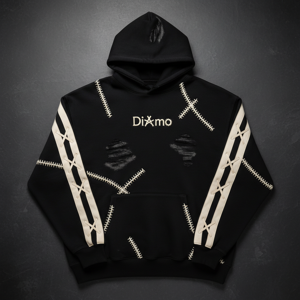 DiAmo Distressed Hoodie – Oversized X-Stitch Pullover