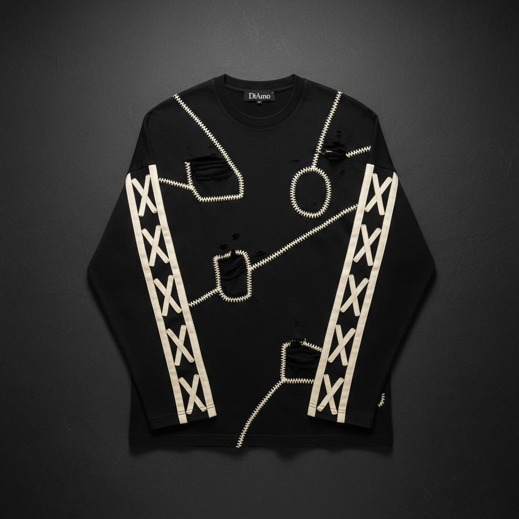 DiAmo Distressed Tee – Unisex Oversized X-Stitch T-Shirt