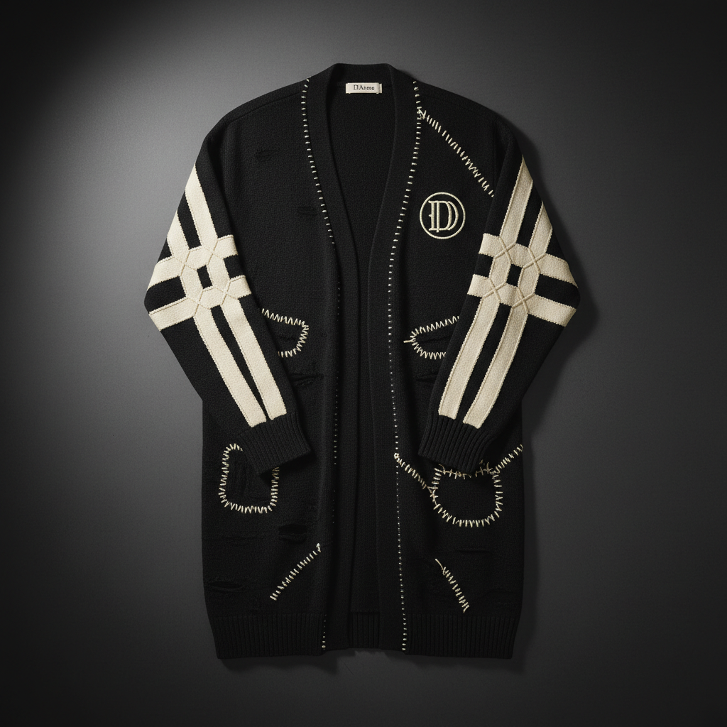 DiAmo Distressed Longline Cardigan – Oversized X-Stitch Layer