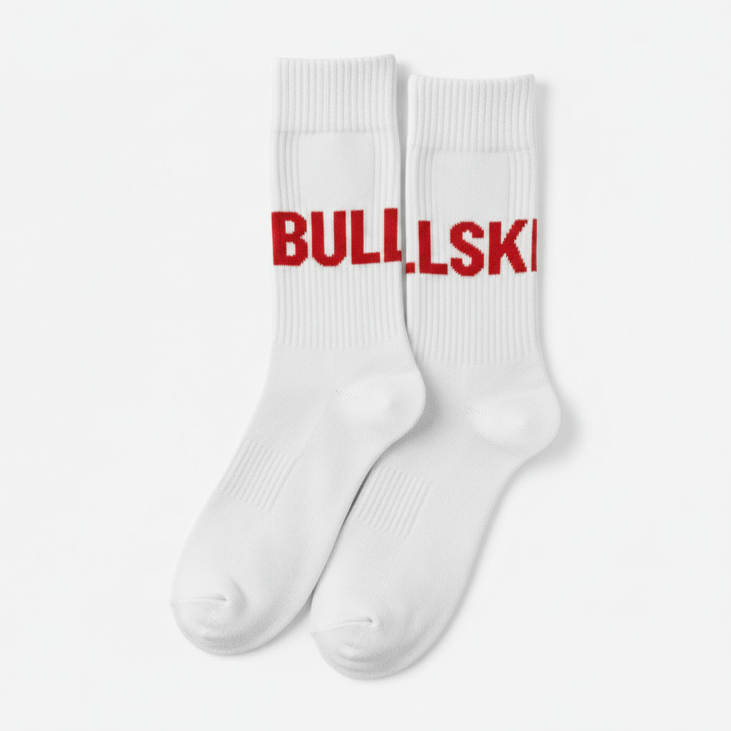 White socks with red BULLSKI text horizontal