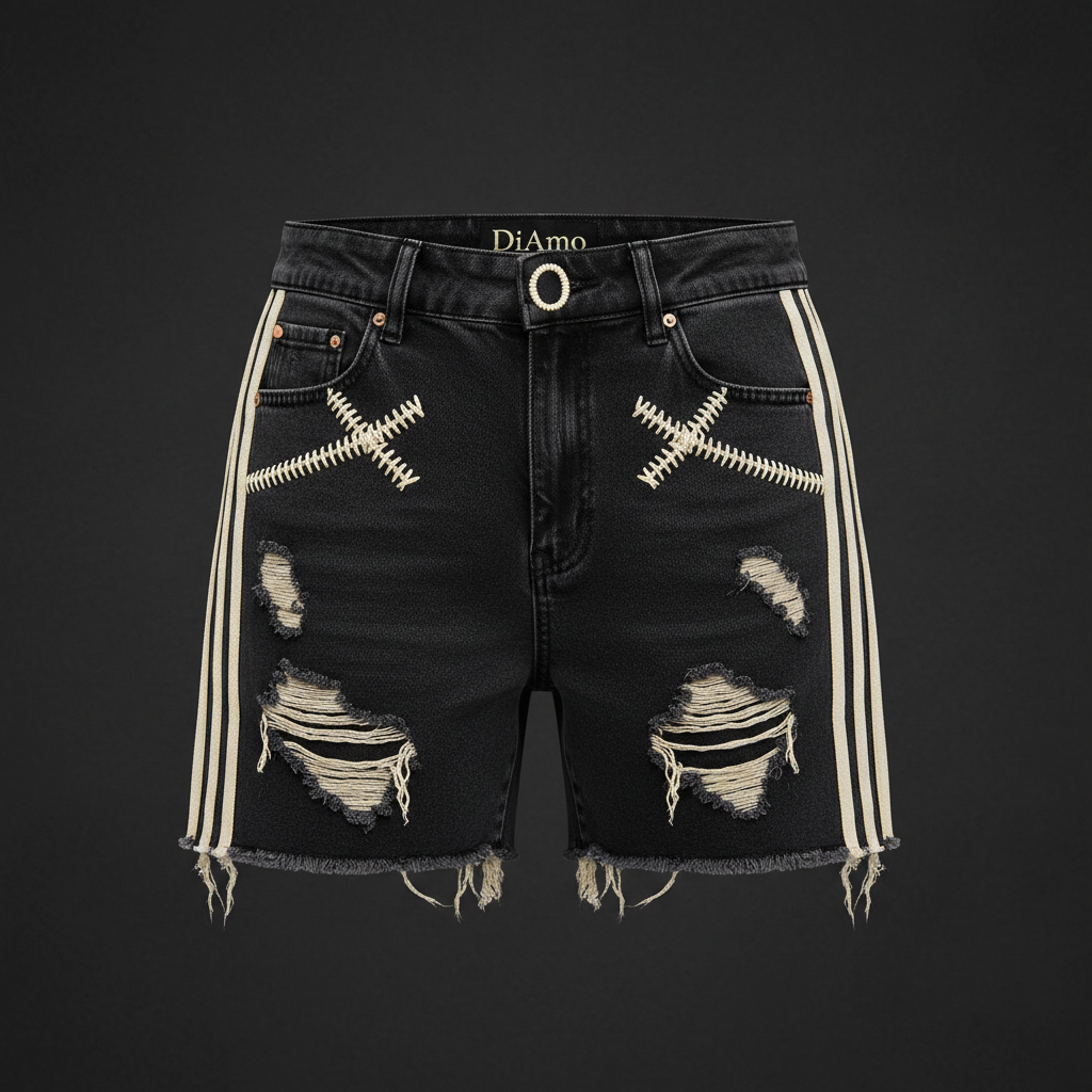 DiAmo Distressed Shorts – High-Waisted X-Stitch Mini
