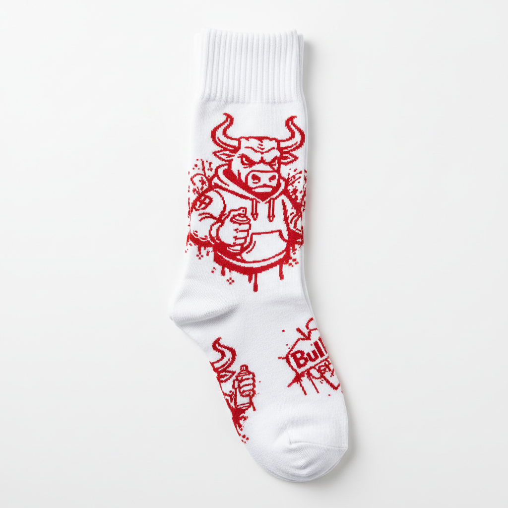 White socks with red Bullski character